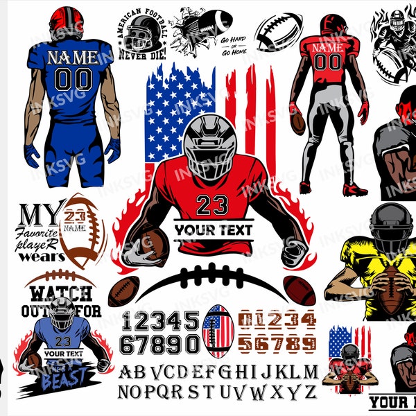 Customizable Football Player SVG bundle font and numbers included, Personalized Football Player svg, Football Player SVG, football team name