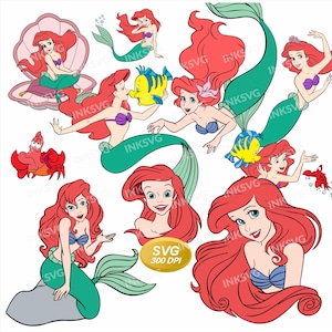 May include: A collection of digital illustrations featuring a mermaid with long red hair, a green tail, and a purple seashell top, accompanied by a yellow and blue fish and a red crab. The graphics include the text INKSVG and SVG 300 DPI.