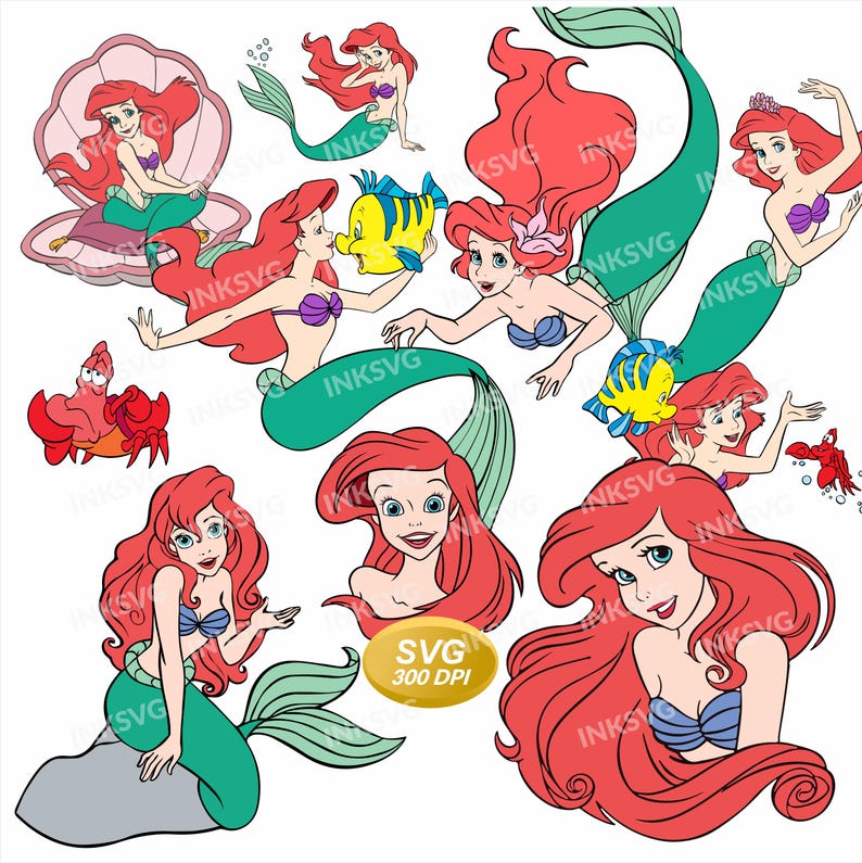May include: A collection of digital illustrations featuring a mermaid with long red hair, a green tail, and a purple seashell top, accompanied by a yellow and blue fish and a red crab. The graphics include the text INKSVG and SVG 300 DPI.
