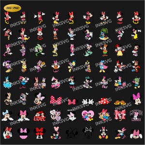 May include: Collection of Minnie Mouse-themed SVG and PNG graphics on a black background. The images feature Minnie Mouse in various poses and outfits, with the text "INKSVG" present on many of the images. Includes bows, hearts, and the text "MINNIE MOUSE".
