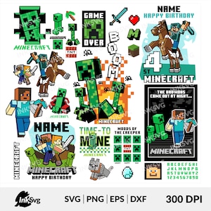 Puede incluir: Una colección digital de elementos gráficos con temática de Minecraft que incluye personajes pixelados, creepers, caballos, espadas, bloques de TNT y textos de cumpleaños como NAME, HAPPY BIRTHDAY, GAME OVER, BOOM y TIME-TO-MINE en tonos verdes y azules.