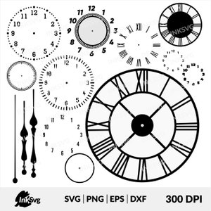 Peut inclure: Un ensemble de designs de cadrans d'horloge en noir et blanc. Les designs comprennent des cadrans d'horloge à chiffres romains, des cadrans d'horloge standard avec les chiffres 1 à 12 et des aiguilles d'horloge.