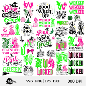 Wicked AND Wicked Veränderung für gute Glitzer SVG-Bundle, Wicked Film 2024 Png-Datei, Wicked Musical Clipart, Hexe Rosa und Grün Png