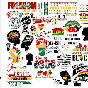 Peut inclure: Une collection de motifs numériques colorés avec les mots "Juneteenth" et "Freedom" dans différentes polices et styles. Les motifs incluent également des images de poings, de cœurs et du drapeau américain.