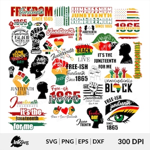 May include: A collection of colorful digital graphics celebrating Juneteenth, a holiday commemorating the emancipation of enslaved African Americans in the United States. The graphics feature various designs, including text, flags, and illustrations, with themes of freedom, celebration, and Black pride.