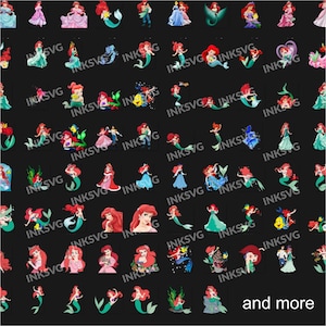 May include: A digital collection of numerous colorful illustrations featuring the character Ariel from The Little Mermaid in various poses, outfits, and settings, with the repeated watermark text INKSVG overlaid across the dark background.