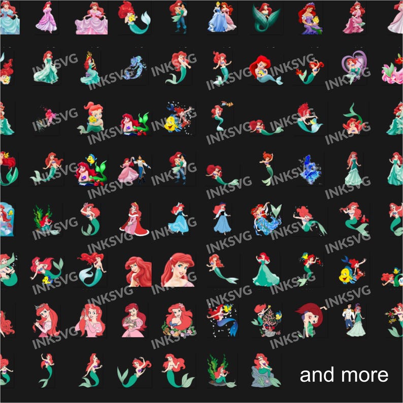 May include: A digital collection of numerous colorful illustrations featuring the character Ariel from The Little Mermaid in various poses, outfits, and settings, with the repeated watermark text INKSVG overlaid across the dark background.