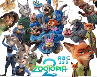Paquete de imágenes prediseñadas de Zootopia 2, página para colorear, letras y números para decorar tartas de cumpleaños, camisetas, pegatinas y descargas digitales.