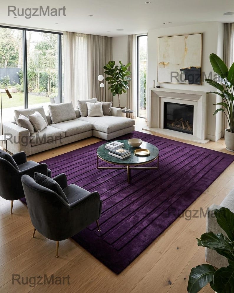 Violet Area Rug Pattern Hand-tufted Wool Purple Area Rug, Modern Ribbed Texture, Minimalist ...