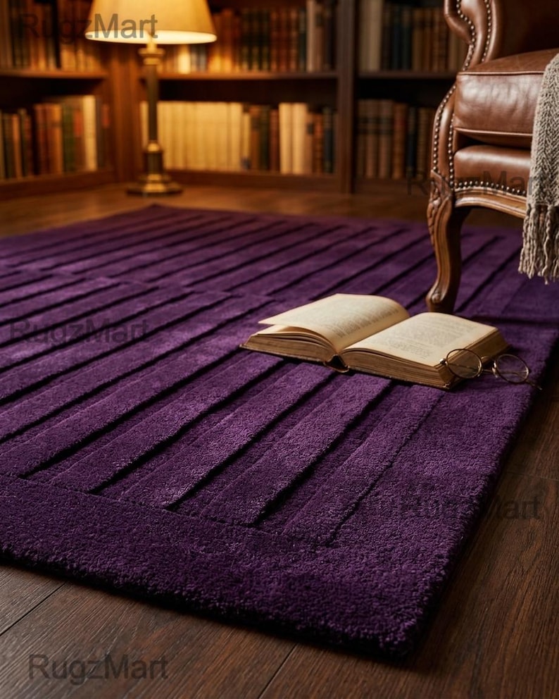 Violet Area Rug Pattern Hand-tufted Wool Purple Area Rug, Modern Ribbed Texture, Minimalist ...