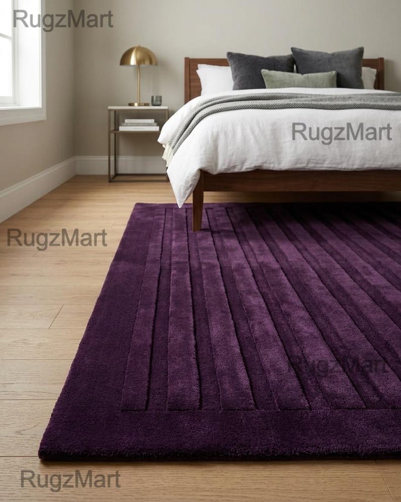 Hand-tufted Wool Purple Area Rug, Modern Ribbed Texture, Minimalist ...