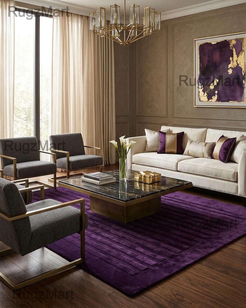 Violet Area Rug Pattern Hand-tufted Wool Purple Area Rug, Modern Ribbed Texture, Minimalist ...