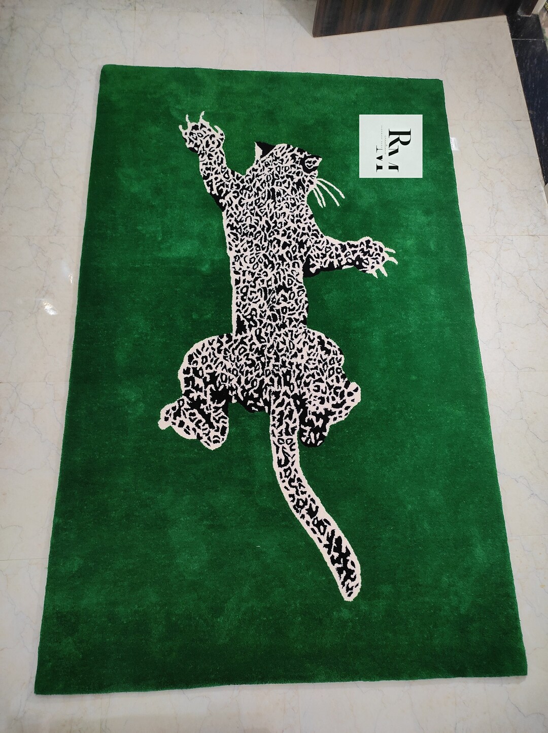 Tiger Rug Hand Tufted Wool Rug Handmade Area Rug Animal Carpet Green