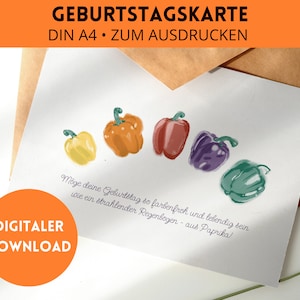 humorvolle Geburtstagskarte, Geburtstagskarte zum Ausdrucken, Paprika, Regenbogen, Veganer und Vegetarier, Last-minute Grußkarte