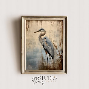 Pintura al óleo de garza azul, Arte de pared de pájaro vintage imprimible, DESCARGA digital, Impresiones de Studio Fleury, OA-0018