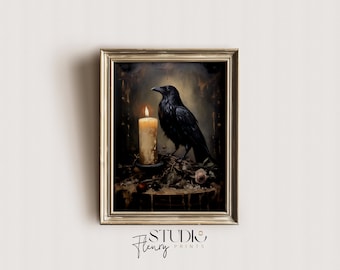Raven Dark Academia Painting | Vintage Gothic Wall Art Printable | Dark Academia Art |  Digital DOWNLOAD | Studio Fleury Prints | OA-0024