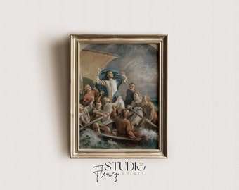 Vintage Christus kalmeert de storm-tekening | Afdrukbare christelijke kunst | Kalmerend Nieuwe Testament | Digitaal DOWNLOAD | Studio Fleury-prints | VA-0013