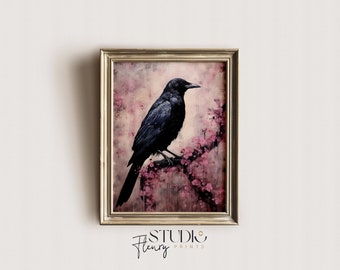 Raven Pink Flowers Painting | Vintage Wall Art Printable | Halloween Dark Academia Art |  Digital DOWNLOAD | Studio Fleury Prints | OA-0027