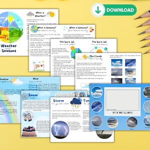 Unidade de aprendizagem digital sobre clima e estações: minilivro, cartões flash, atividades, cartões Montessori para crianças | Estudo de Unidade | Ensino em casa | Sala de aula