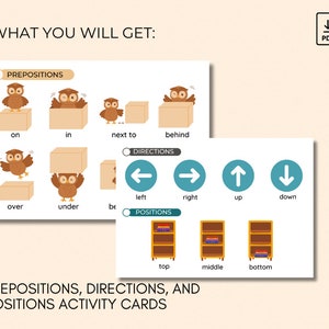 Flashcard su preposizioni, indicazioni e posizioni; Carte stampabili inglesi; Attività con le carte Montessori; Riconoscimento spaziale per bambini