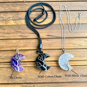 Natural Crystal Moon&Tree of Life Necklace,Men Women Necklace,Healing Crystal Necklace,Rose Quartz/Amethyst/Opalite More Choose,For Gift. image 8