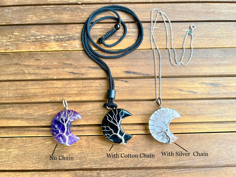 Natural Crystal Moon&Tree of Life Necklace,Men Women Necklace,Healing Crystal Necklace,Rose Quartz/Amethyst/Opalite More Choose,For Gift. image 8