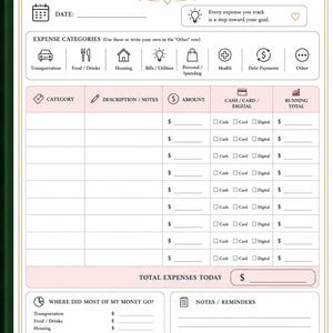 以下が含まれることがあります： Daily Expense TrackerおよびTrack Every Dollar Outという見出しが付いた日次経費トラッカーページ。レイアウトには、日付、アイコン付きの経費カテゴリ、経費を記録するための表、および要約セクションが含まれています。