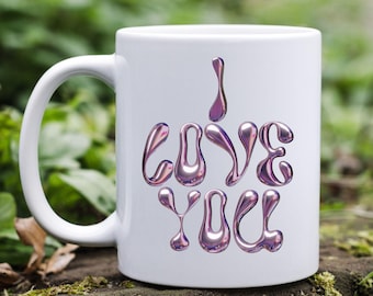 I love you mug, chrome design, cool gift, gift for her, gift for him, I love you,