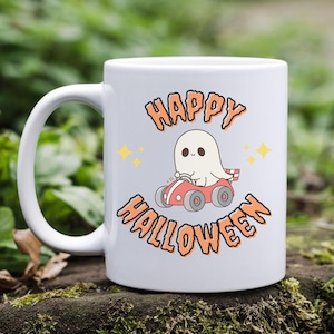 Halloween mug, cute ghost in car mug, Happy Halloween, Halloween home decor, Spooky gift, Coffee mug, Horror