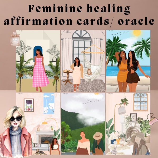 Feminine healing affirmations cards desk, 36 cartoon oracle cards, Shadow work cards, Positive Mindset cards, Reflections quotes cards