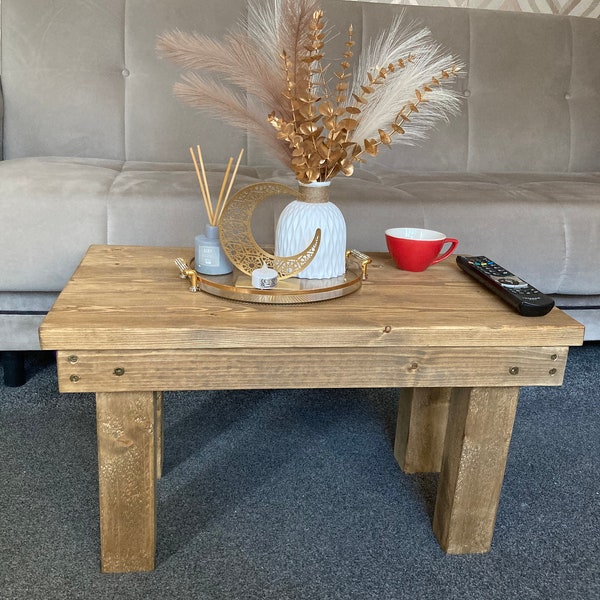 Compact Rustic Coffee Table, Solid Handmade Wooden Table With Chunky Legs, Stylish and Designed In UK, Free Delivery