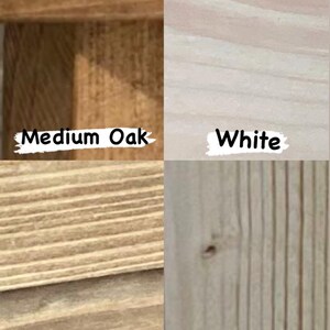 May include: A split image showcasing four wood finishes: Medium Oak, White, Antique Pine, and Clear. Each finish is labeled with its name in a white font against a dark background. The wood grains are visible.