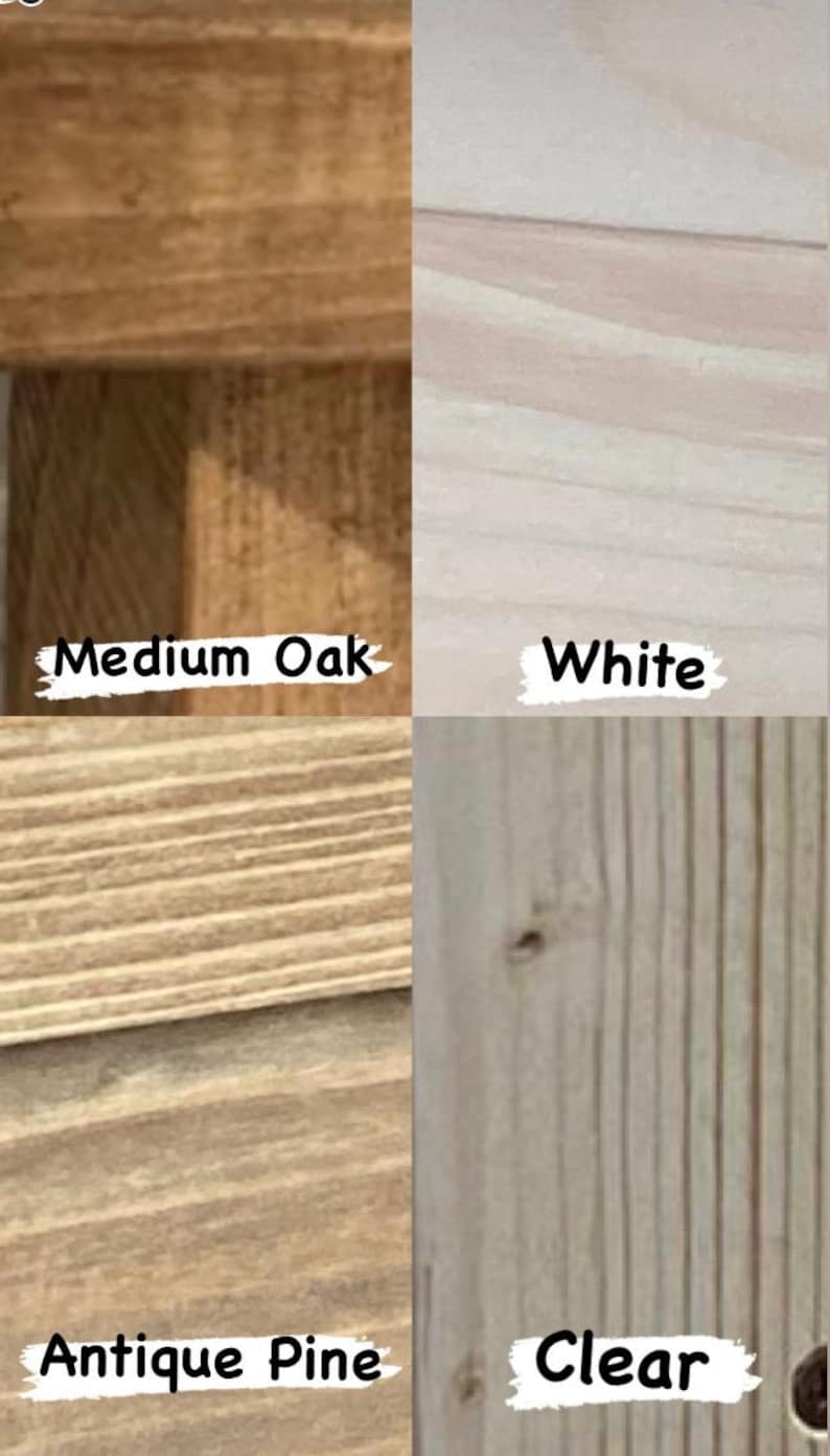 May include: A split image showcasing four wood finishes: Medium Oak, White, Antique Pine, and Clear. Each finish is labeled with its name in a white font against a dark background. The wood grains are visible.