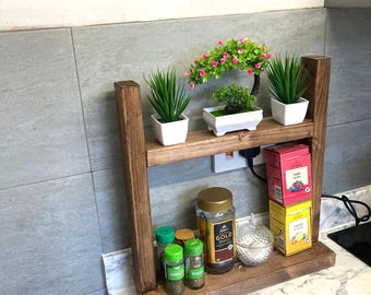 Handmade Wooden 2-Tier Kitchen Shelf: Medium Oak Colour, Countertop Organizer