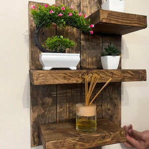 May include: A rustic, wooden wall shelf with three shelves. The shelves hold small potted plants and a glass jar with reeds. The wood has a dark, weathered finish, and the plants add a touch of green and pink.
