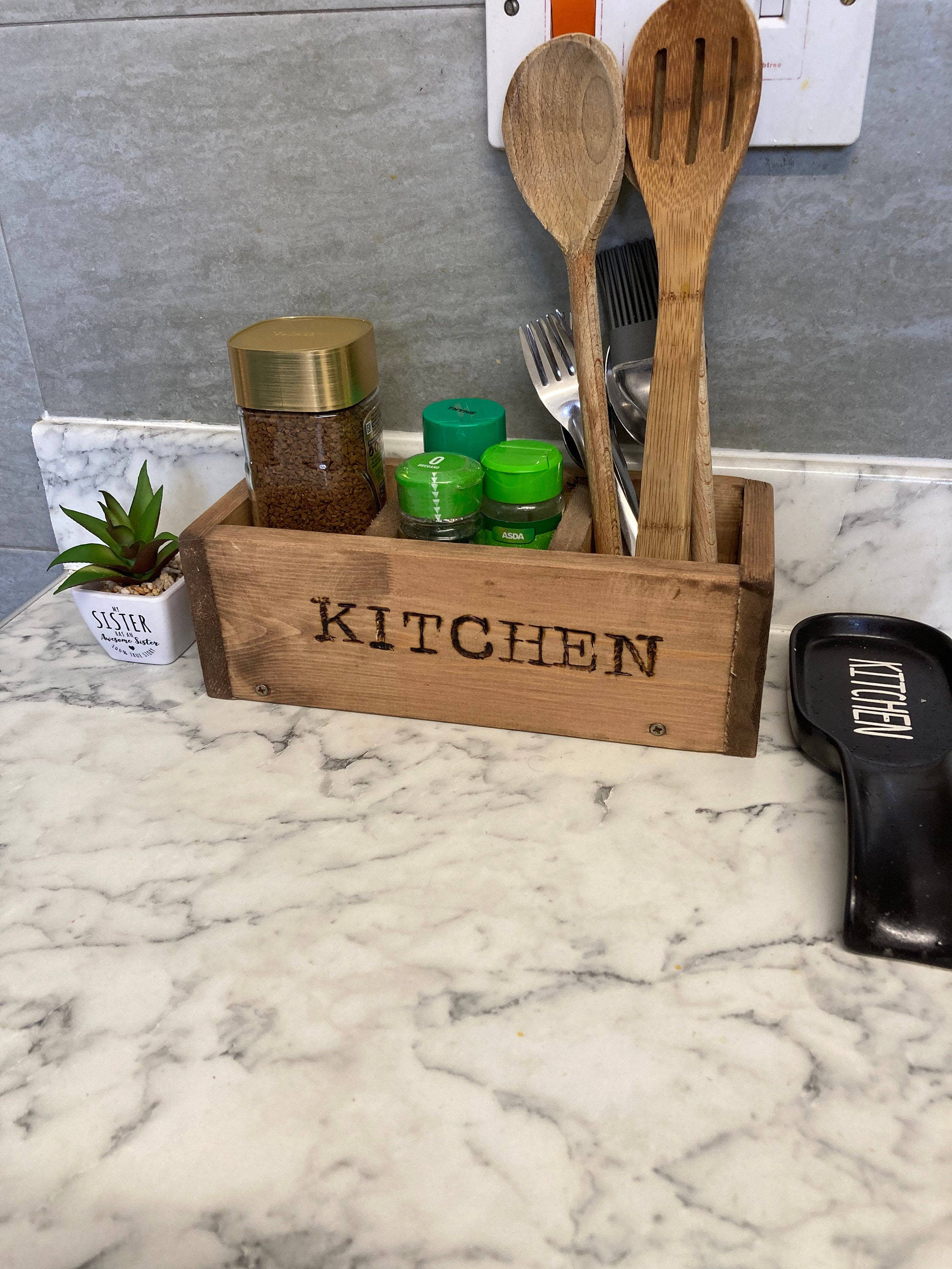 Kitchen Organiser Box, Engraved Quality | Wooden Cutlery and Condiments ...