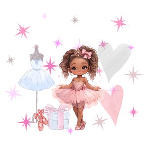Schattige zwarte Afro-Amerikaanse ballerina meisje digitaal ontwerp, png (met en zonder tekst)