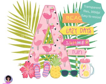 Pink Summer Holiday Alphabet Set Digital Download 26 PNGs