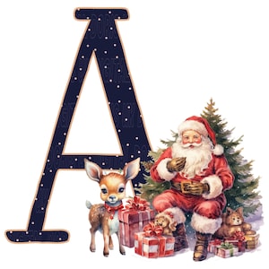 Set di alfabeto natalizio vintage a pois blu navy e Babbo Natale, download digitale 26 PNG