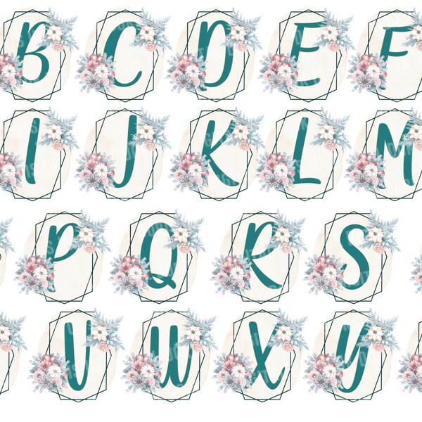 Winter Floral Frame Cream background with Teal Alphabet Set Digital Download 26 PNGs