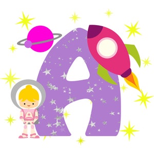 Conjunto de alfabeto de astronauta y cohete espacial, descarga digital, 26 PNG