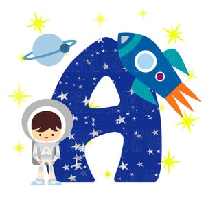 Conjunto de alfabeto de astronauta y cohete espacial, descarga digital, 26 PNG
