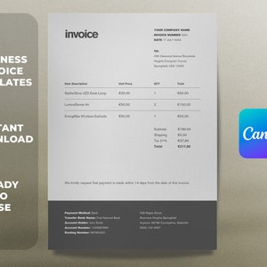 Op de afbeelding: Een zwart-witte factuur sjabloon met de tekst "Business Invoice Templates" en "Instant Download" aan de linkerkant. De rechterkant van het sjabloon toont een voorbeeldfactuur met een lijst van items, hoeveelheden, eenheidsprijzen en totalen. De factuur bevat de tekst "Your Company Name", "Invoice Number 0001", "Date 17 July 2023", "Subtotal", "Shipping", "Tax 21%", en "Total".