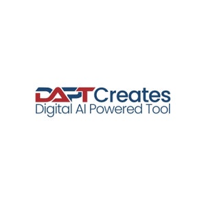 May include: A logo for a company called "DAFT Creates" with the tagline "Digital AI Powered Tool". The logo is in blue and red with the letters "DAFT" in red and "Creates" in blue.