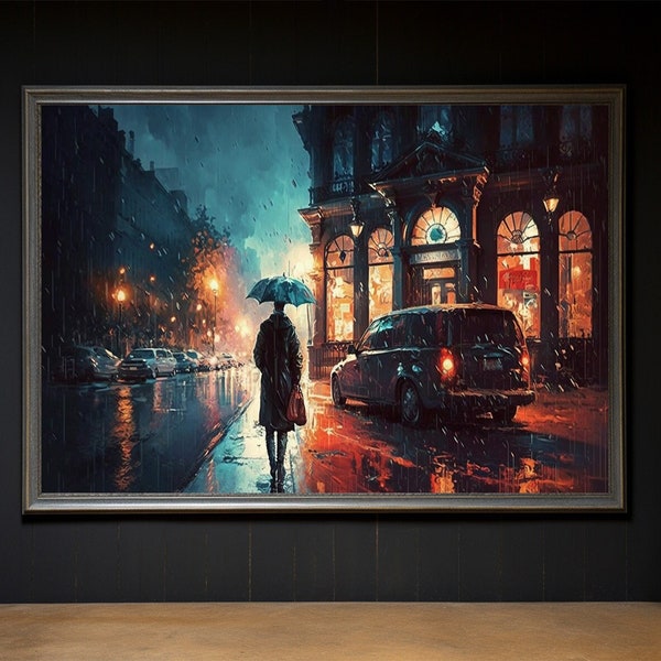 Digital Painting, Rainy Evening, Big City, Big City Street, Dark Painting, Gloomy Painting, Sad Painting, Rain, Dark Colors, Cold Atmosphere