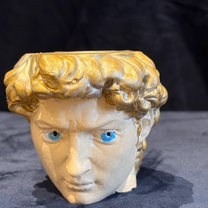 May include: A sculptural planter shaped like a human head with a cream-coloured face, bright blue eyes, and metallic gold hair. The top of the head is open, featuring a hollow interior for holding small items or plants, with a detailed facial structure.
