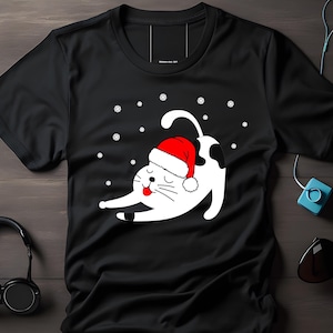 Schattig kerstkatten T-shirt, kat met kerstmuts en sneeuwvlokken, grappig kerstcadeau, cadeau voor kattenliefhebbers