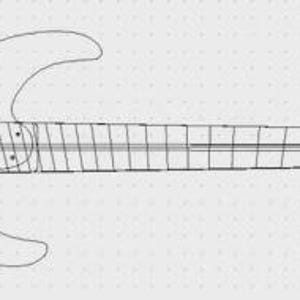 May include: Line drawing of an electric guitar, showing the body, neck, and headstock. The design includes details of the pickups, bridge, and fretboard. The guitar is depicted in a minimalist style, with a focus on the instrument's shape and components.