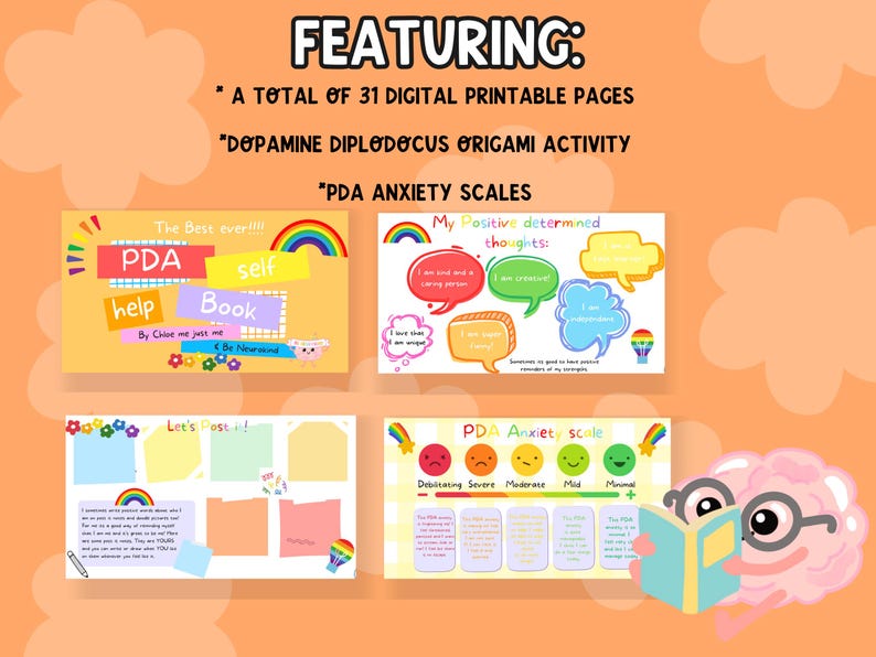 Featuring a total of 31 digital printable pages, dopamine diplodocus origami activity and PDA anxiety scales.
