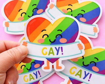 Gay Pride Sticker, Rainbow Heart Sticker, Cute LGBTQ Gift, “GAY!” Pride Sticker, Laptop Water Bottle Sticker